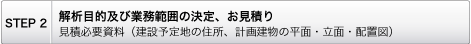  STEP 2 解析目的及び業務範囲の決定、お見積り 見積必要資料（建設予定地の住所、計画建物の平面・立面・配置図、植栽配置図）